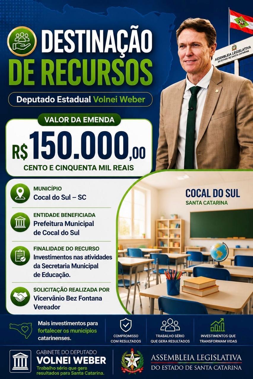 Cocal do Sul recebe R$ 150 mil em emenda parlamentar para investimentos na Educação