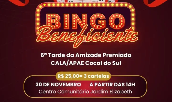 Bingo beneficente da APAE promete diversão e solidariedade em Cocal do Sul