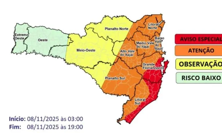 Inmet emite alerta vermelho para 48 cidades de SC por risco de tempestades causadas por ciclone